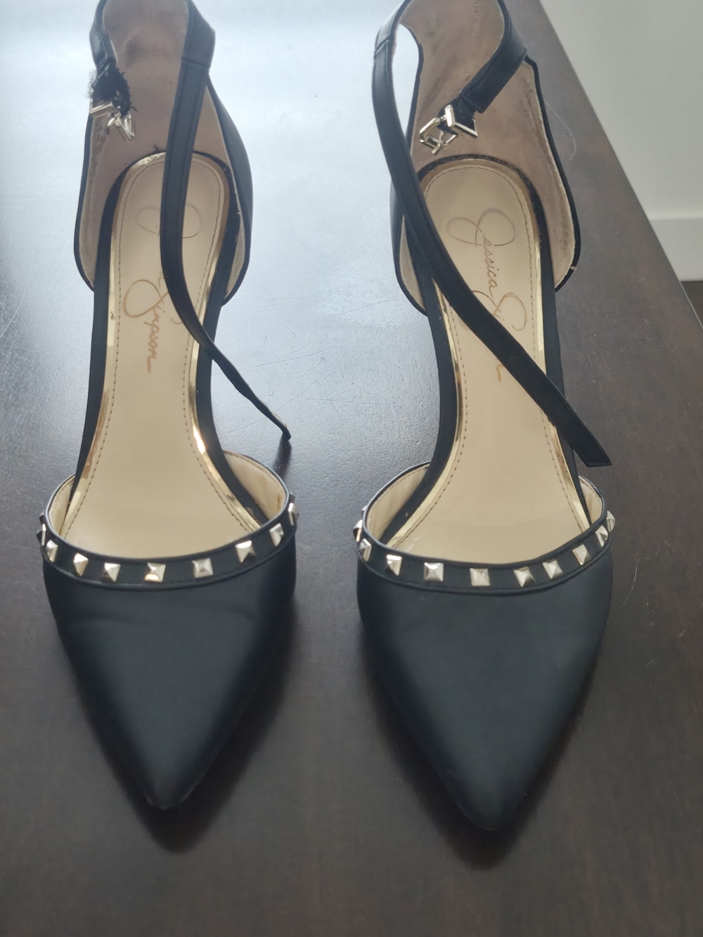Jessica Simpson Black Pointed-Toe Studded Slingback Heels